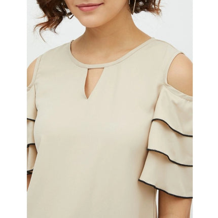 Rosolly Women's Polyester Tiered Cold Shoulder Top (Beige)