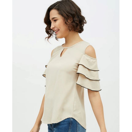 Rosolly Women's Polyester Tiered Cold Shoulder Top (Beige)