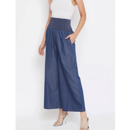 Rosolly Women's Denim Solid Smocked Trousers (Navy Blue)