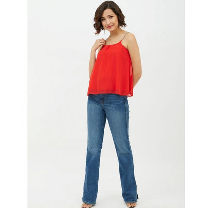 Rosolly Women's Polyester Embellished Shoulder Straps Top (Red)