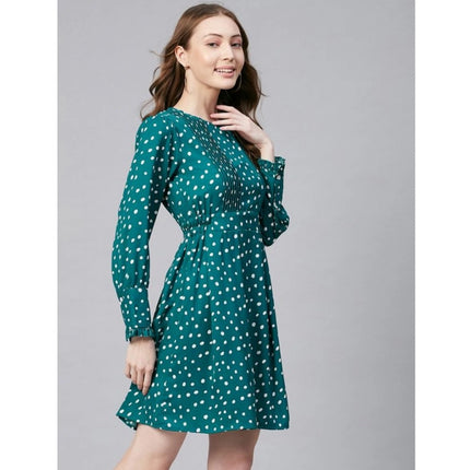 Rosolly Women's Polyester Polka Long Sleeves Above Knee Dress (Green - White)