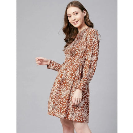 Rosolly Women's Polyester Floral Long Sleeves Above Knee Dress (Rust)