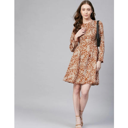 Rosolly Women's Polyester Floral Long Sleeves Above Knee Dress (Rust)