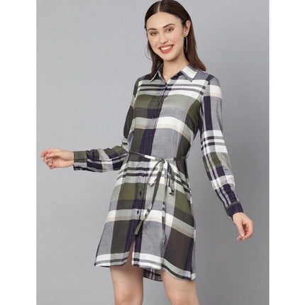 Rosolly Women's Cotton Checkered Long Sleeves Above Knee Dress (Olive - White)