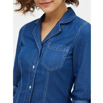 Rosolly Women's Denim Solid Long Sleeves Above Knee Dress (Blue)