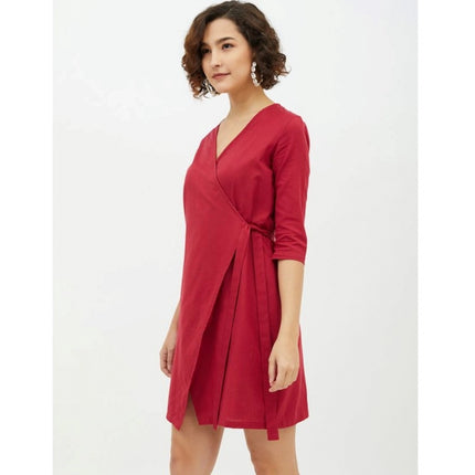 Rosolly Women's Cotton Wrap 3-4th Sleeves Above Knee Dress (Maroon)