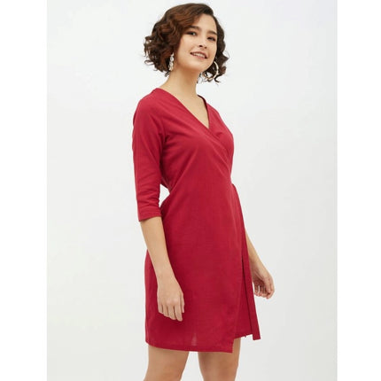 Rosolly Women's Cotton Wrap 3-4th Sleeves Above Knee Dress (Maroon)