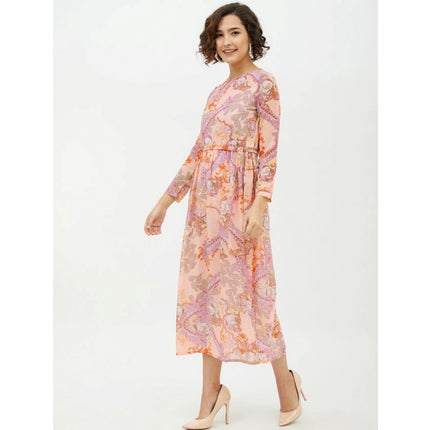 Rosolly Women's Polyester Printed Long Sleeves Calf-length Dress (Multicolor)