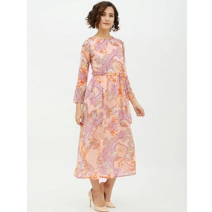 Rosolly Women's Polyester Printed Long Sleeves Calf-length Dress (Multicolor)
