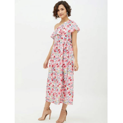 Rosolly Women's Polyester Floral One Shoulder Calf-length Dress (Multicolor)