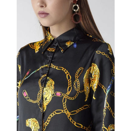 Rosolly Women's Satin Printed Long Sleeves Standard Length Shirt (Black - Gold)