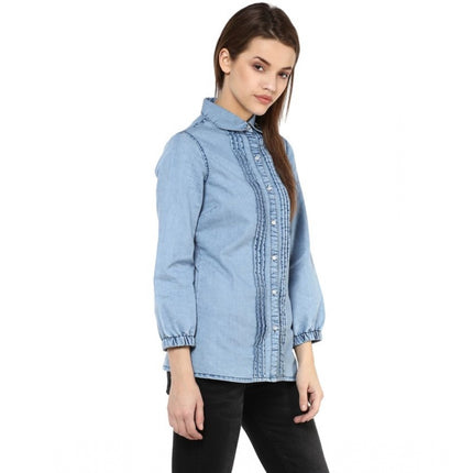 Rosolly Women's Denim Solid 3-4th Sleeves Standard Length Shirt (Blue)