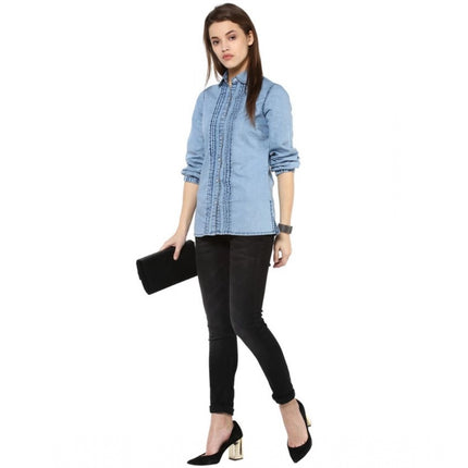 Rosolly Women's Denim Solid 3-4th Sleeves Standard Length Shirt (Blue)
