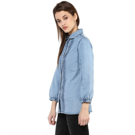 Rosolly Women's Denim Solid 3-4th Sleeves Standard Length Shirt (Blue)