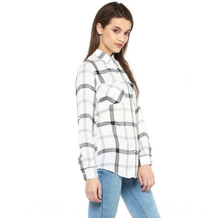 Rosolly Women's Rayon Checkered Long Sleeves Standard Length Shirt (Black - White)