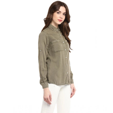 Rosolly Women's Rayon Solid Long Sleeves Standard Length Shirt (Olive Green)