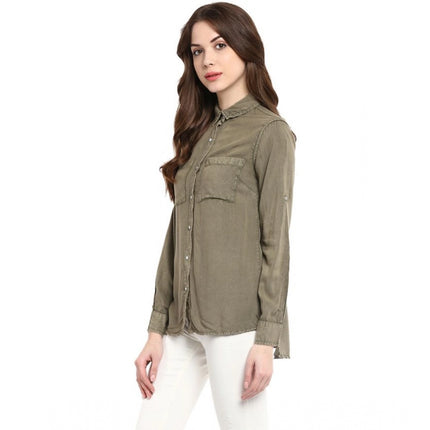 Rosolly Women's Rayon Solid Long Sleeves Standard Length Shirt (Olive Green)