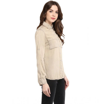 Rosolly Women's Rayon Solid Long Sleeves Standard Length Shirt (Beige)