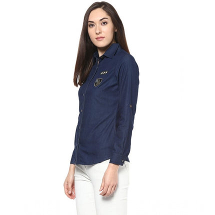 Rosolly Women's Denim Patch Work Long Sleeves Standard Length Shirt (Blue)