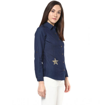 Rosolly Women's Denim Patch Work Long Sleeves Standard Length Shirt (Blue)