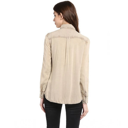 Rosolly Women's Rayon Solid Long Sleeves Standard Length Shirt (Beige)