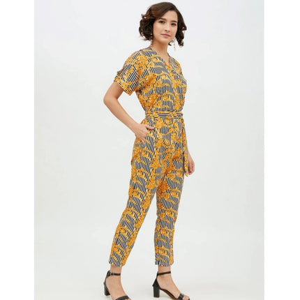 Rosolly Women's Polyester Printed Half Sleeve Long Jumpsuit (Yellow)