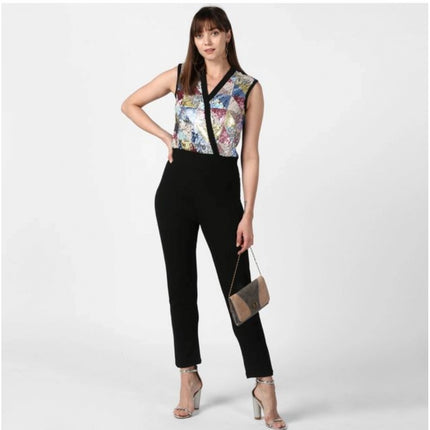 Rosolly Women's Polyester Embellished Sleeveless Jumpsuit (Black)