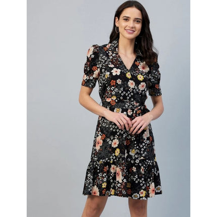 Rosolly Women's Polyester Floral Short Sleeve Above Knee Dress (Black)