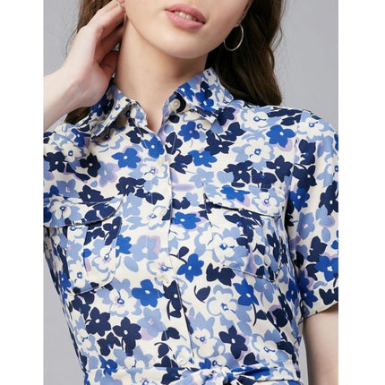 Rosolly Women's Polyester Floral Short Sleeve Above Knee Dress (Blue - White)