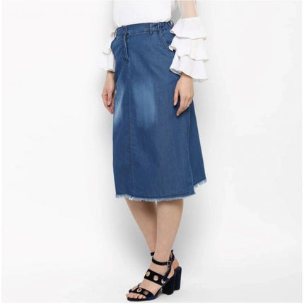 Rosolly Women's Denim Washed Buttoned Skirt (Blue)
