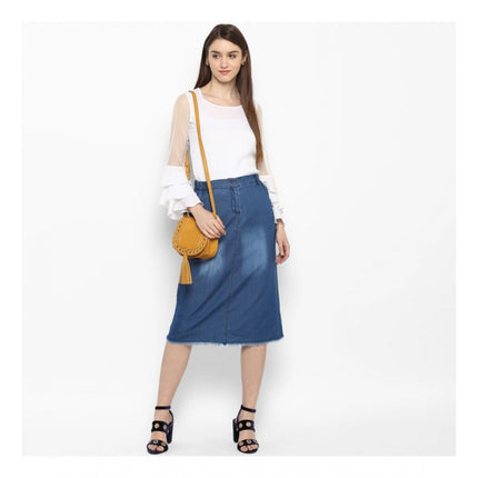 Rosolly Women's Denim Washed Buttoned Skirt (Blue)