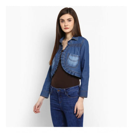 Rosolly Women's Denim Pleated 3-4th Sleeves Shrug (Blue)