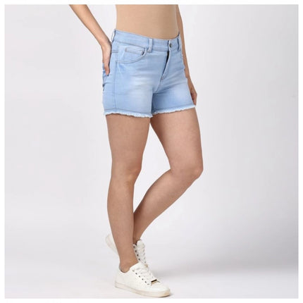 Rosolly Women's Denim Solid Buttoned Shorts (Blue)