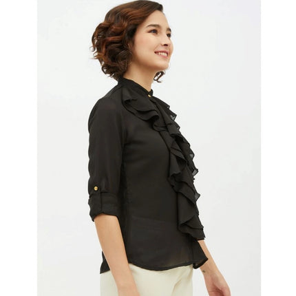Rosolly Women's Polyester Ruffled Long Sleeves Standard Length Shirt (Black)