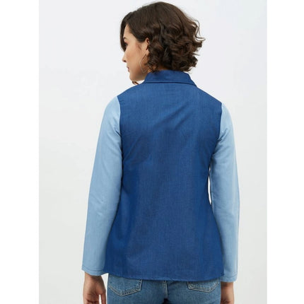 Rosolly Women's Denim Patch Work Long Sleeves Standard Length Shirt (Blue)