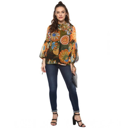 Rosolly Women's Polyester Floral Balloon Sleeve Top (Mustard - Olive)