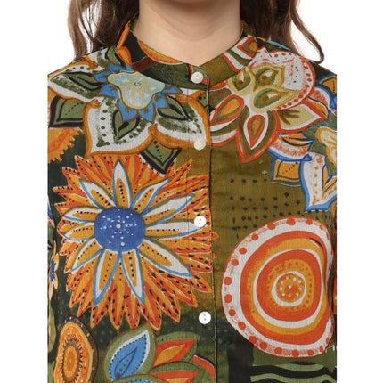 Rosolly Women's Polyester Floral Balloon Sleeve Top (Mustard - Olive)