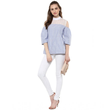 Rosolly Women's Cotton Striped Cold Shoulder Top (Blue)