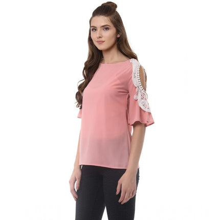 Rosolly Women's Polyester Lace Inserts Half Sleeve Top (Pink)