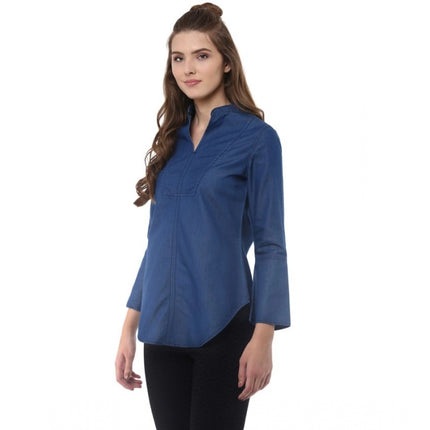 Rosolly Women's Denim Solid Bell Sleeve Regular Top (Blue Denim)