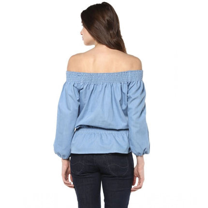 Rosolly Women's Denim Solid 3-4th Sleeves Regular Top (Blue)