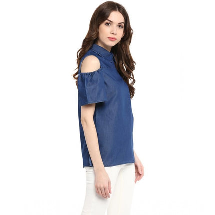 Rosolly Women's Denim Solid Cold Shoulder Regular Top (Blue)