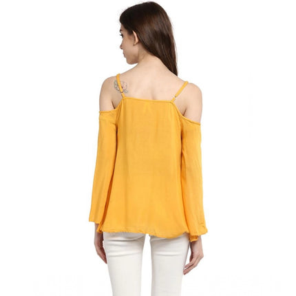 Rosolly Women's Rayon Embellished Cold Shoulder Regular Top (Mustard Yellow)