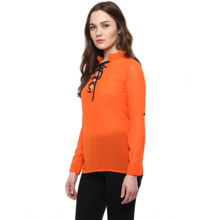 Rosolly Women's Polyester Solid Long Sleeves Regular Top (Orange)