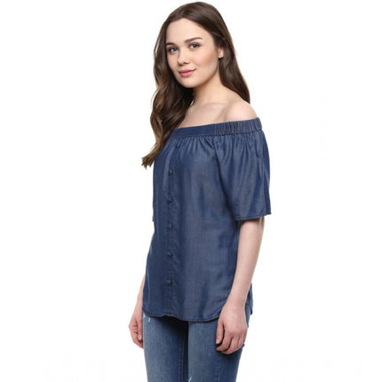 Rosolly Women's Denim Solid Short Sleeve Regular Top (Blue)