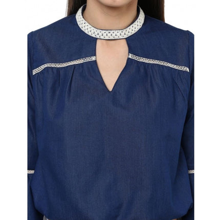 Rosolly Women's Polyester Solid Bell Sleeve Regular Top (Blue)