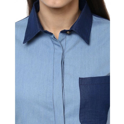 Rosolly Women's Denim Patch Work Long Sleeves Regular Top (Blue)