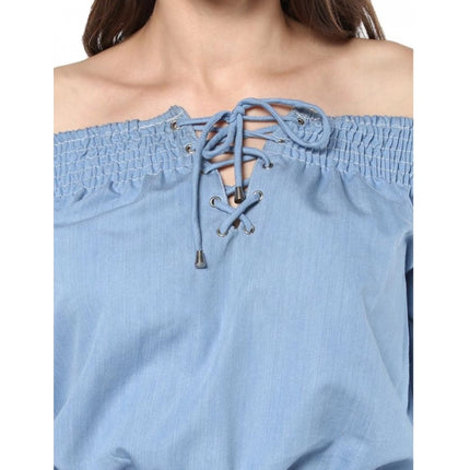 Rosolly Women's Denim Solid 3-4th Sleeves Regular Top (Blue)