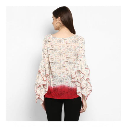 Rosolly Women's Rayon Crepe Printed Ruffle Sleeve Top (Off White - Red)