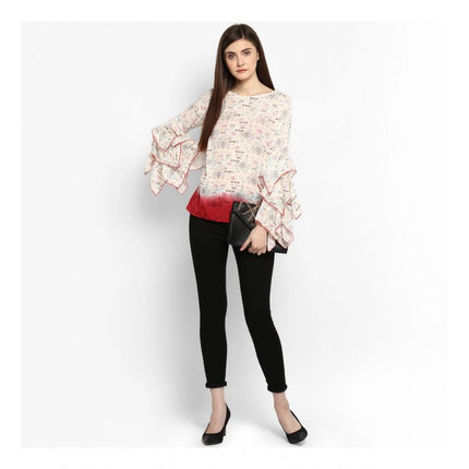 Rosolly Women's Rayon Crepe Printed Ruffle Sleeve Top (Off White - Red)